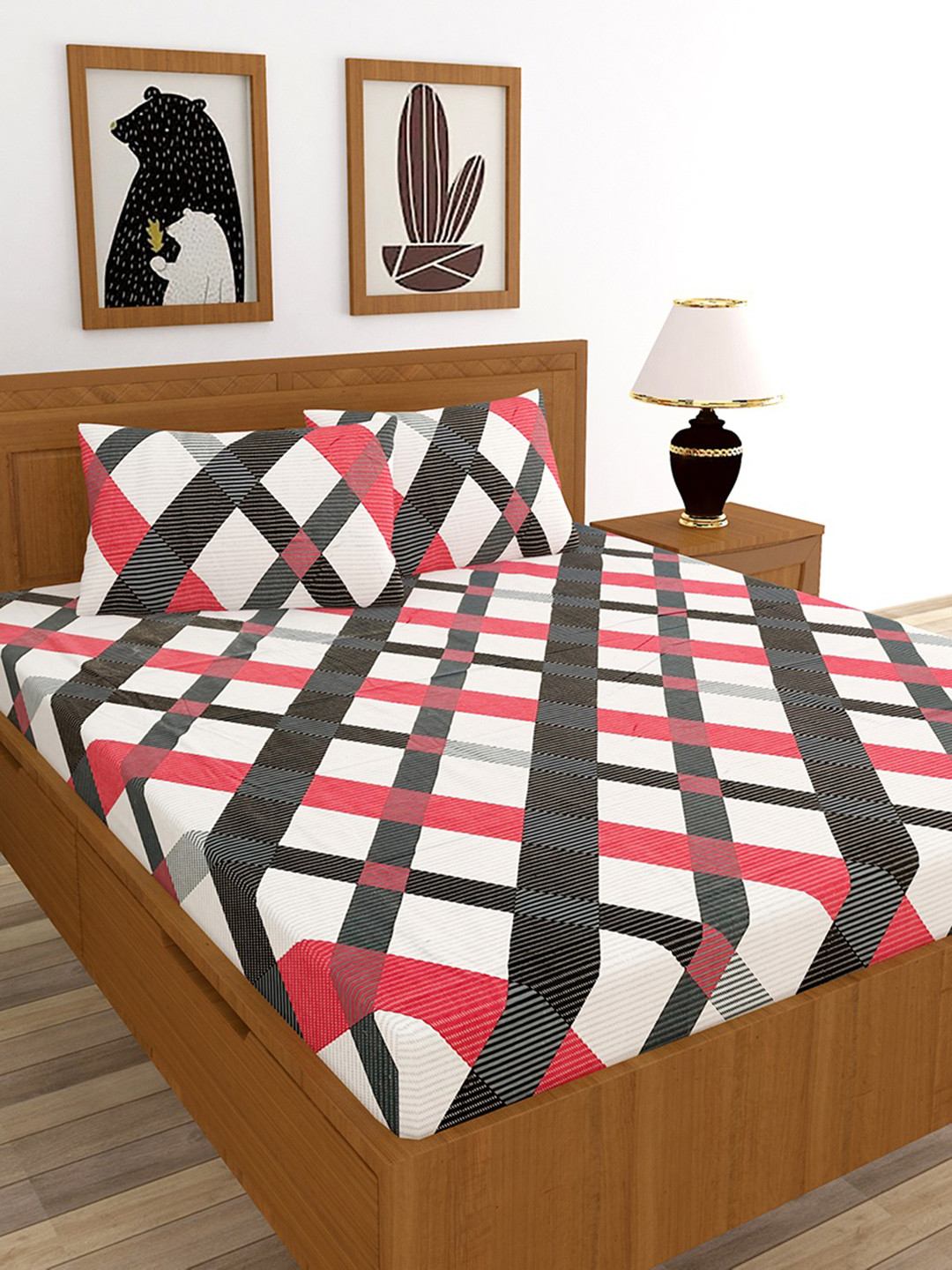 MORADO Casem White Geometric Cotton Skin-Friendly 210 TC Queen Fine Bedsheet with 2 Pillow Covers-254 x 228 cm