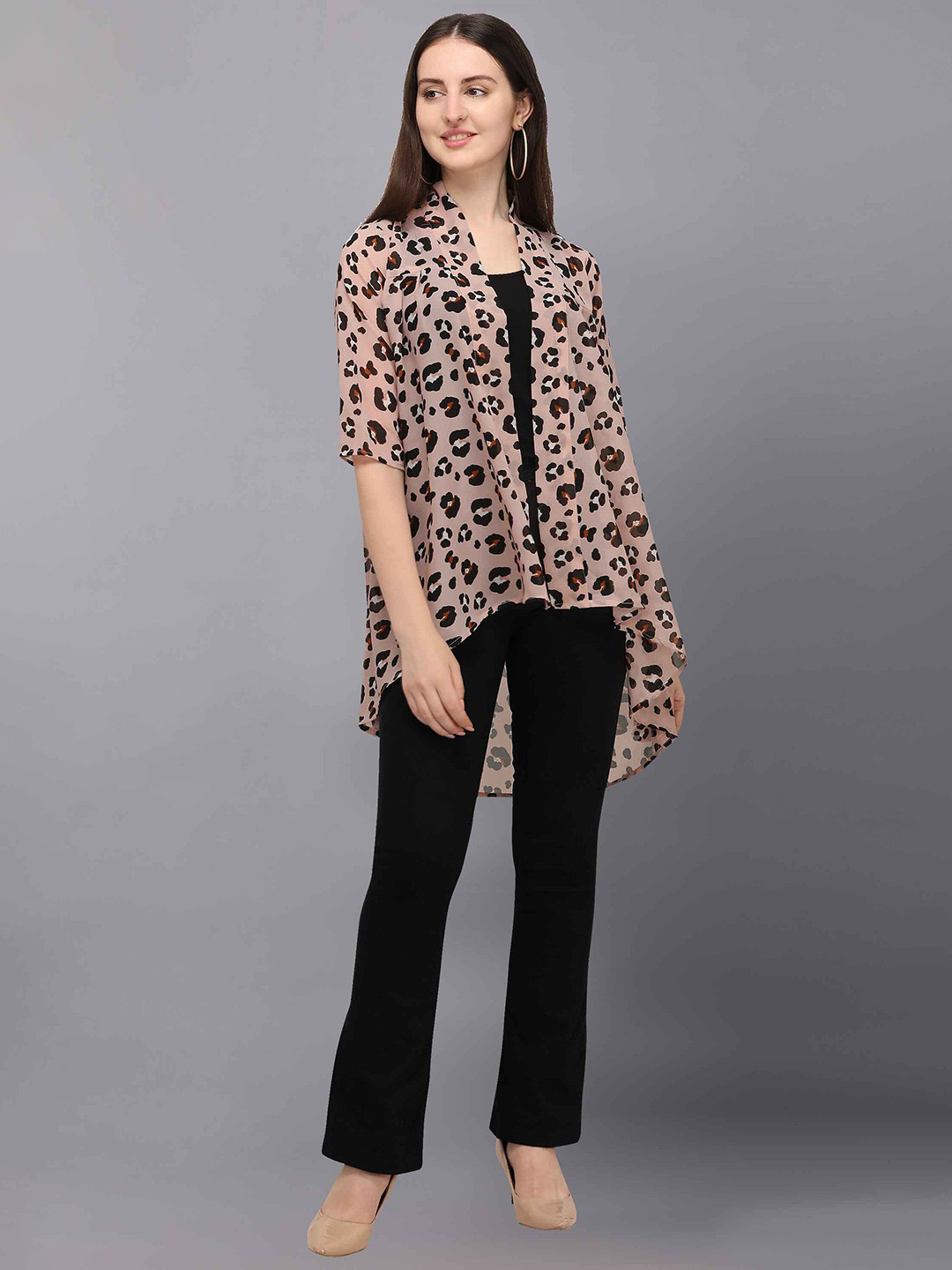 Fashfun Women Pink & Black Printed High-Low Longline Shrug