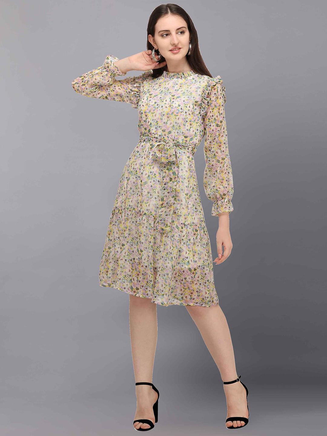 Fashfun White & Green Floral Tiered Chiffon Dress