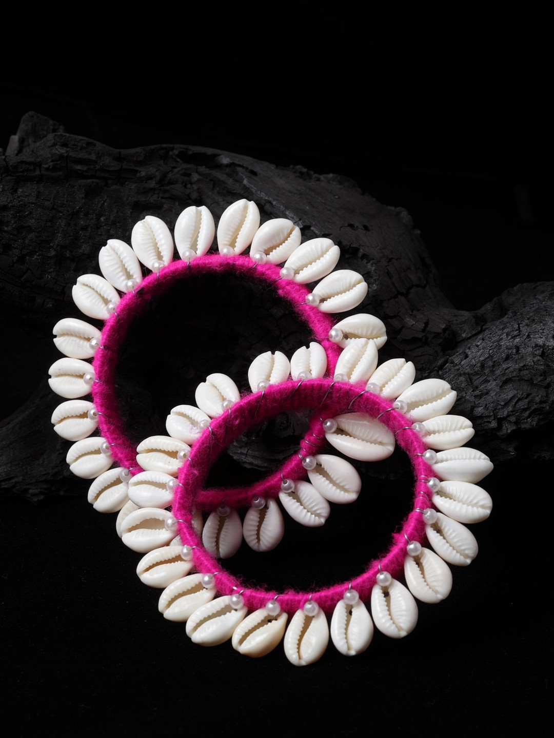 PANASH Set Of 2 Pink & Off-White Silk Thread Shell Handcrafted Bangles