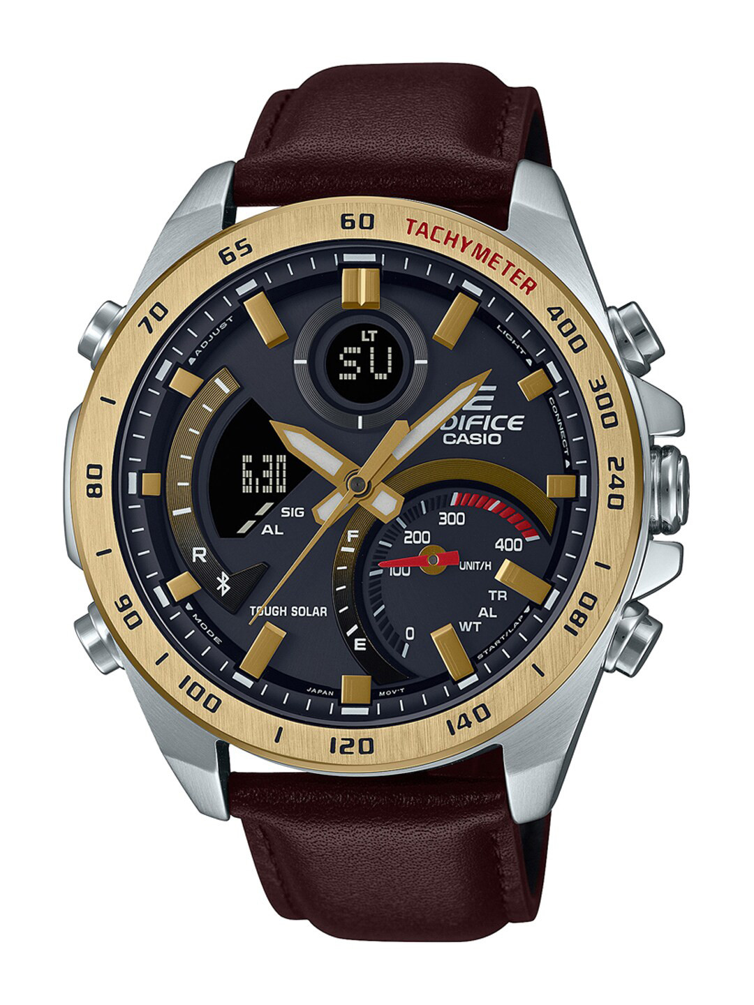 CASIO Men EDifice ECB-900GL-1ADR Gray Ana-Digi Dial Brown Leather Band Watch EX530