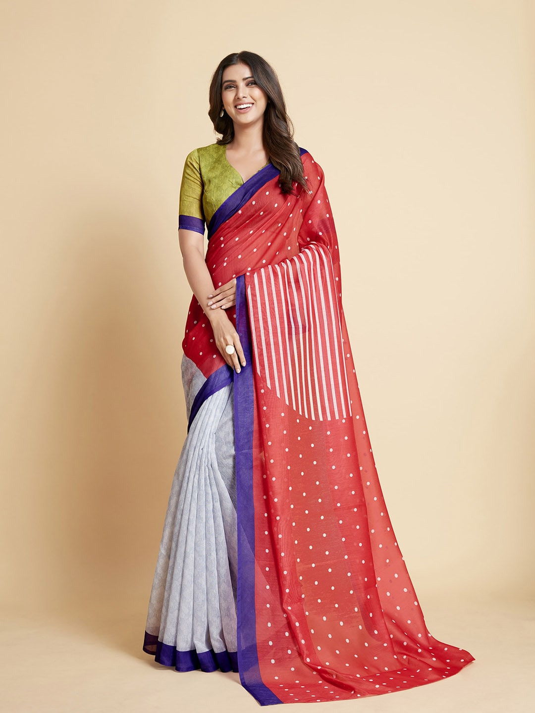 Sangria Red & Blue Printed Half & Half Saree