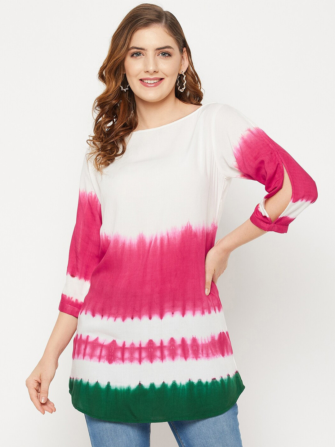 Ruhaans White & Pink Boat Neck Tie & Dye Tunic