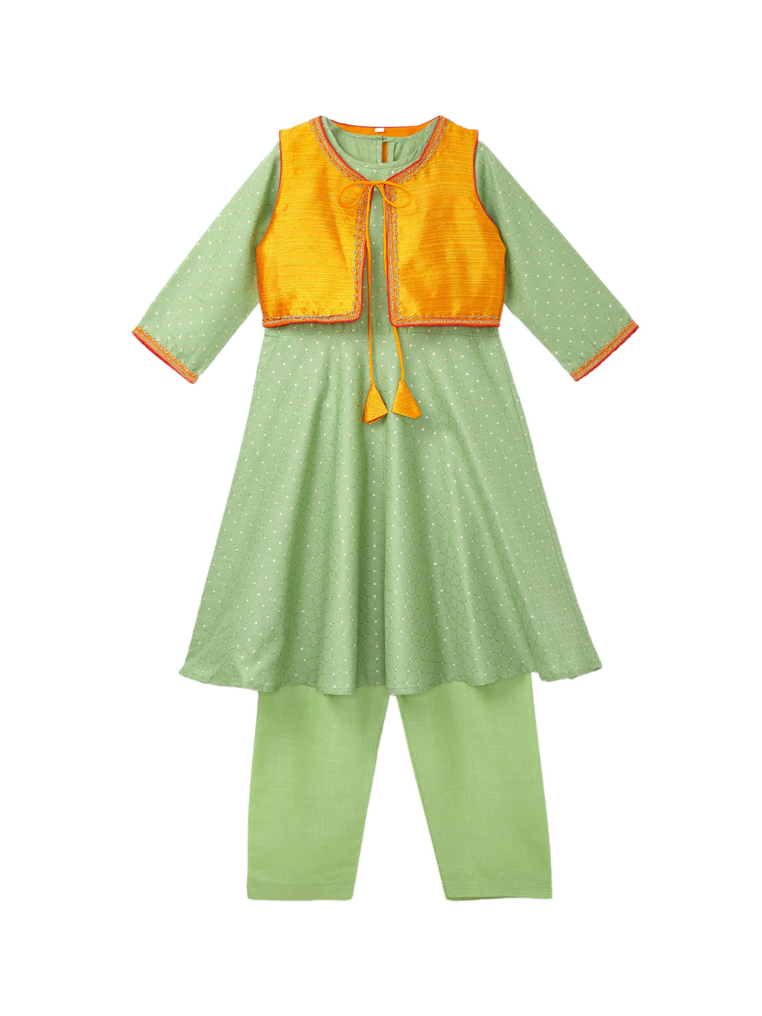 YK Girls Green Ethnic Printed Anarkali with Pyjamas & Removable Coat