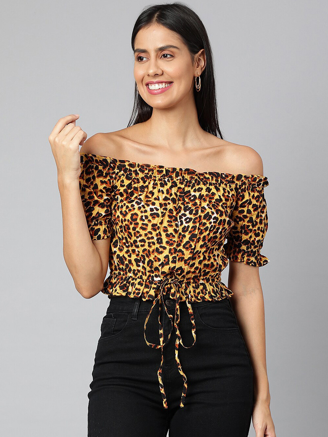 FINSBURY LONDON Brown & Black Animal Print Off-Shoulder Pure Cotton Bardot Top