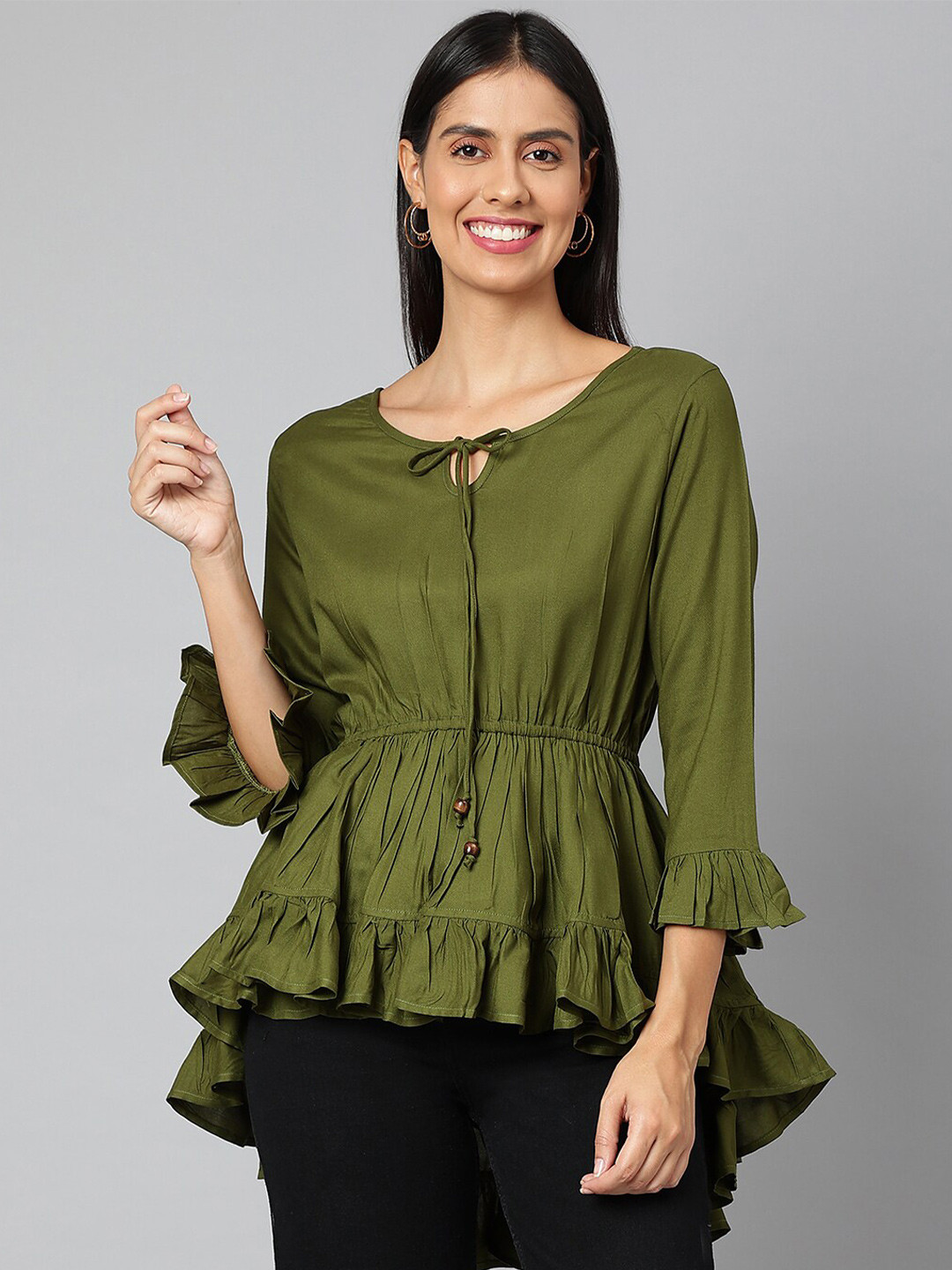 FINSBURY LONDON Olive Green Pure Cotton Tie-Up Neck High-Low Top