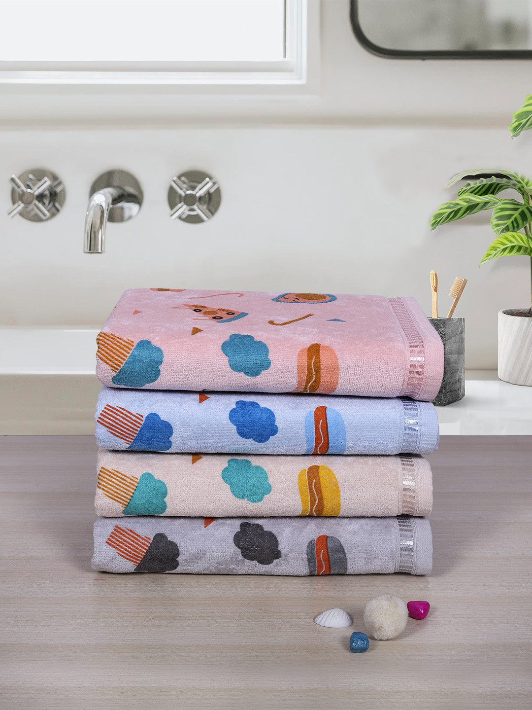 RANGOLI Kids Pack Of 4 Cotton 380 GSM Cotton Towels