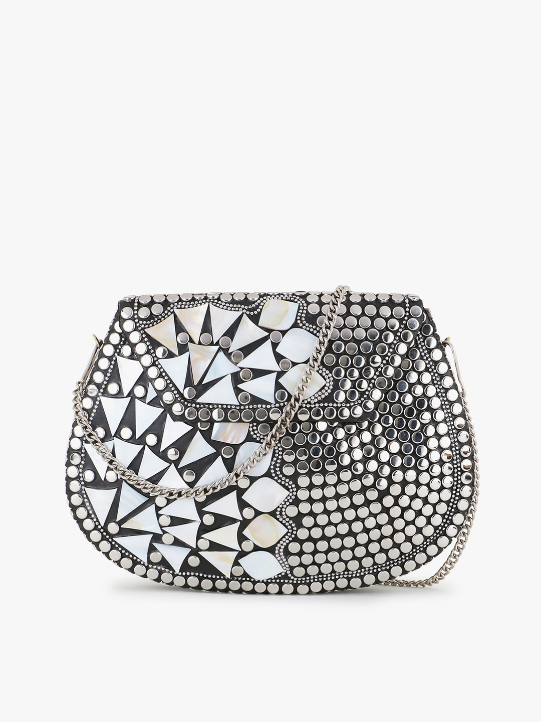 Anekaant Silver-Toned & Black Embellished Half Moon Clutch