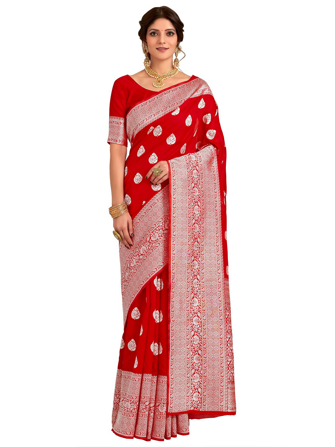 SARIYA Red Ethnic Motifs Zari Silk Blend Banarasi Saree