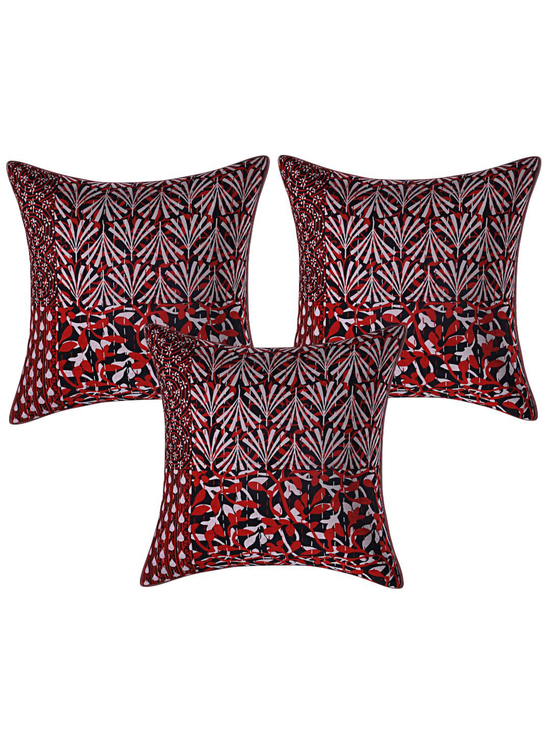 INDHOME LIFE Red & Black Set of 3 Floral Square Cushion Covers