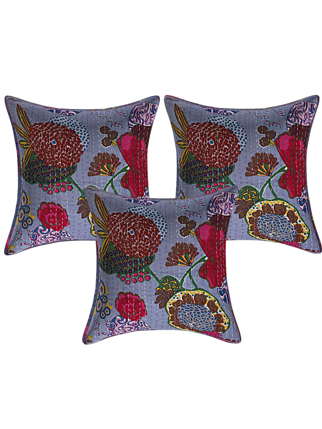 INDHOME LIFE Purple & Red Set of 3 Floral Printed Pure Cotton Square Cushion Covers