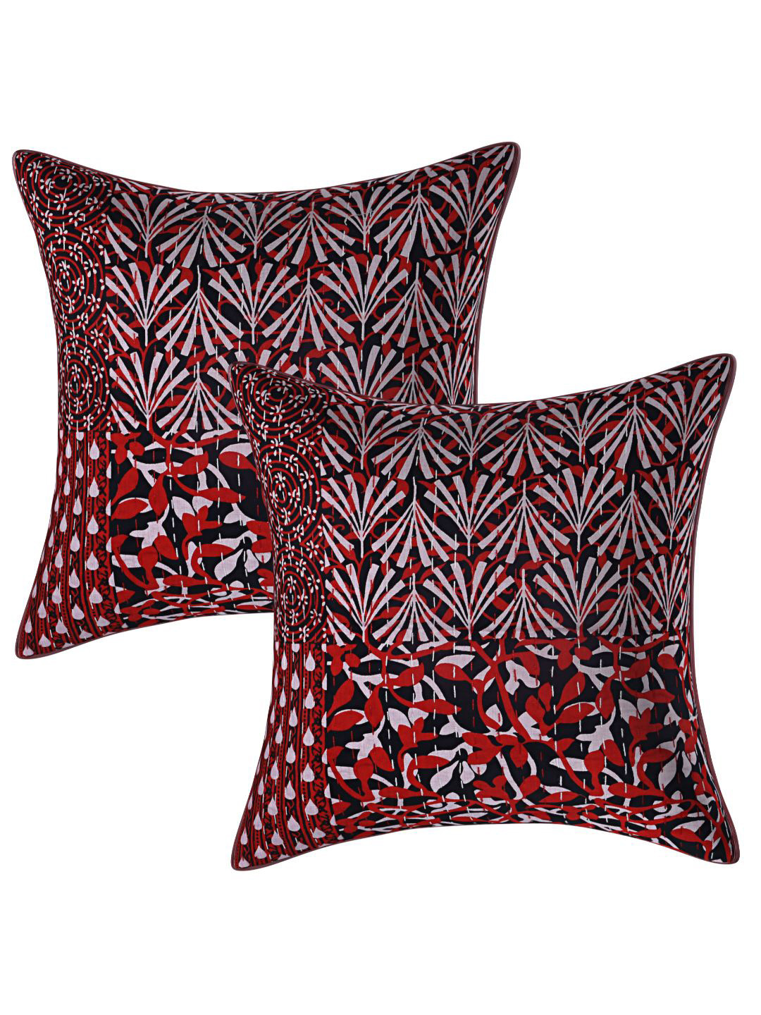 INDHOME LIFE Red & White Set of 2 Floral Square Cushion Covers