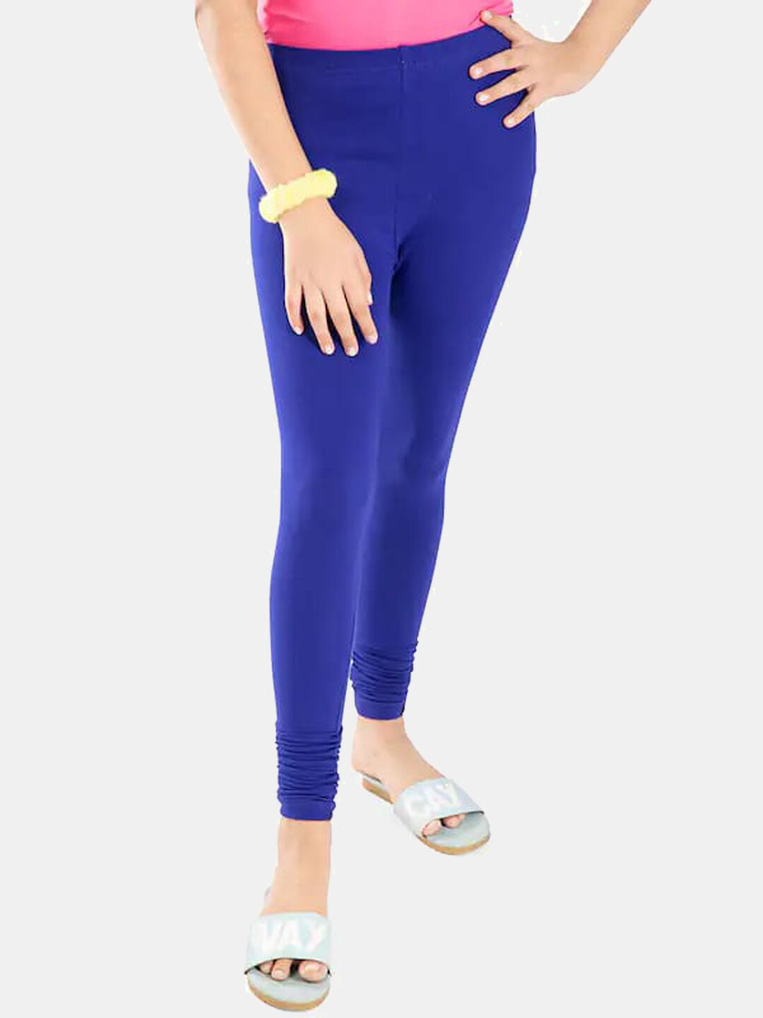 FRENCH KLEIDER Girls Blue Solid Churidar-Length Pure Cotton Leggings