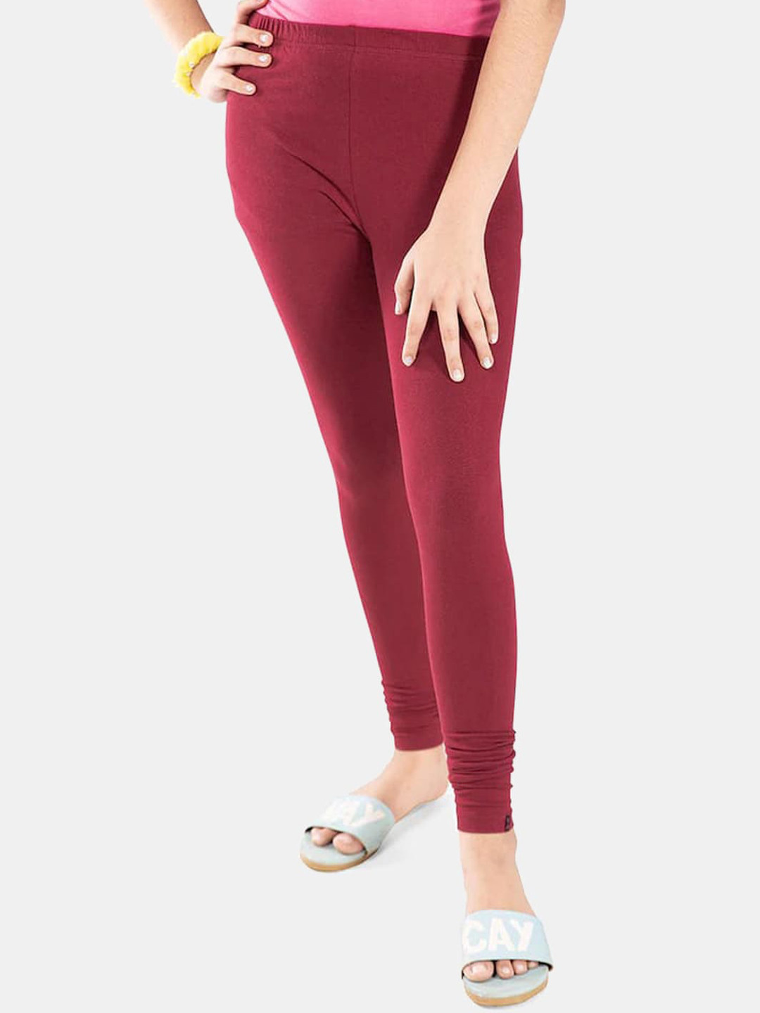 FRENCH KLEIDER Girls Maroon Solid Churidar-Length Leggings