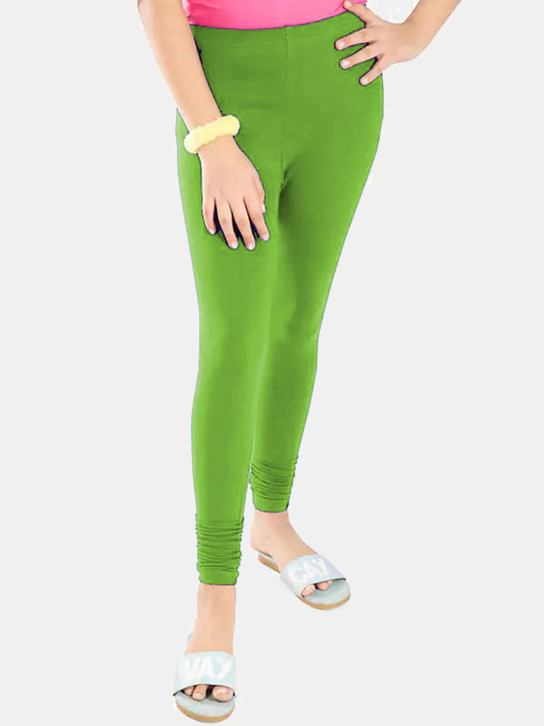 FRENCH KLEIDER Girls Green Solid Cotton Churidar-Length Leggings