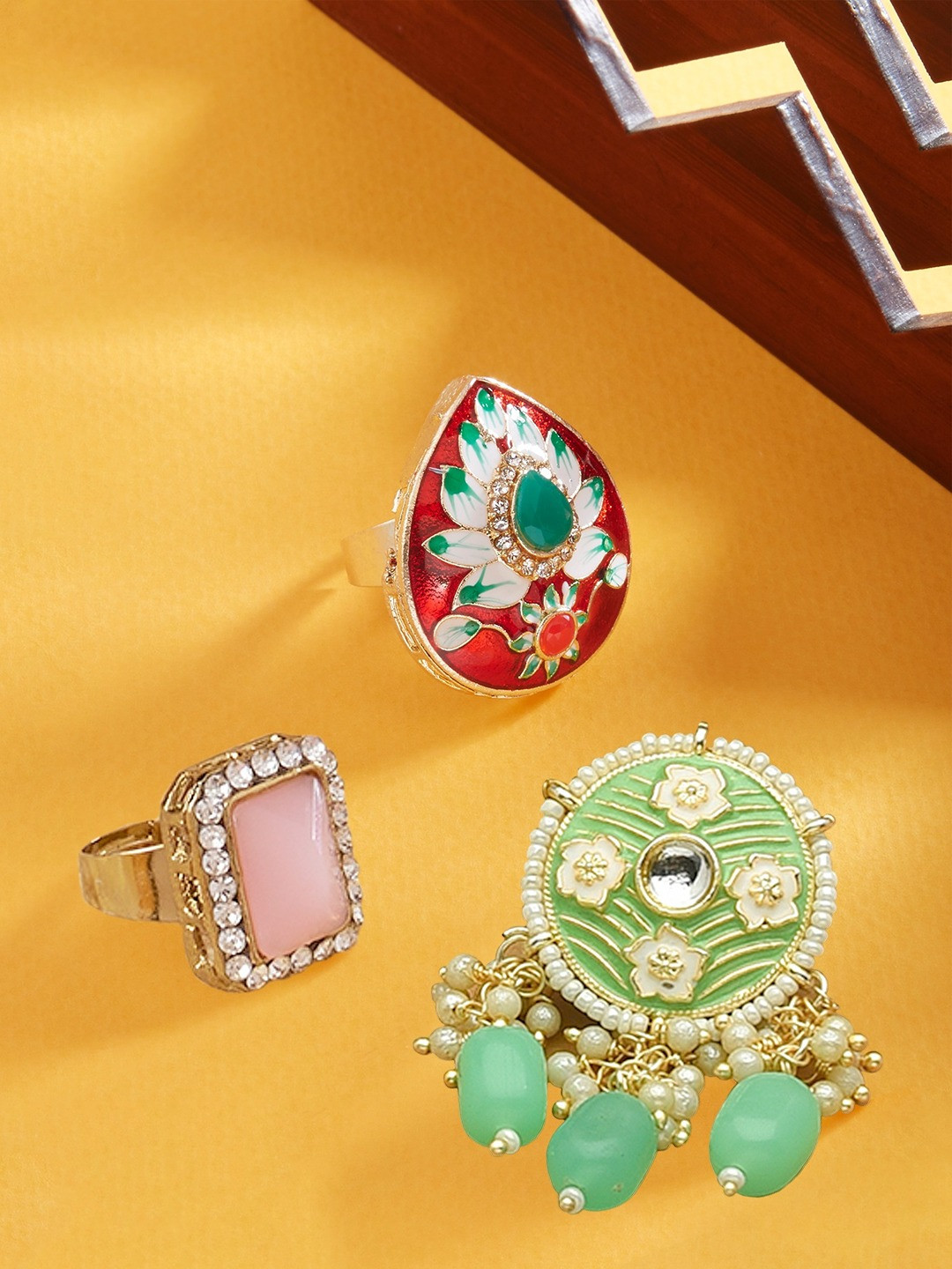 Zaveri Pearls Set Of 3 White-Stone Studded & Beaded Meenakari Floral Design Finger Ring