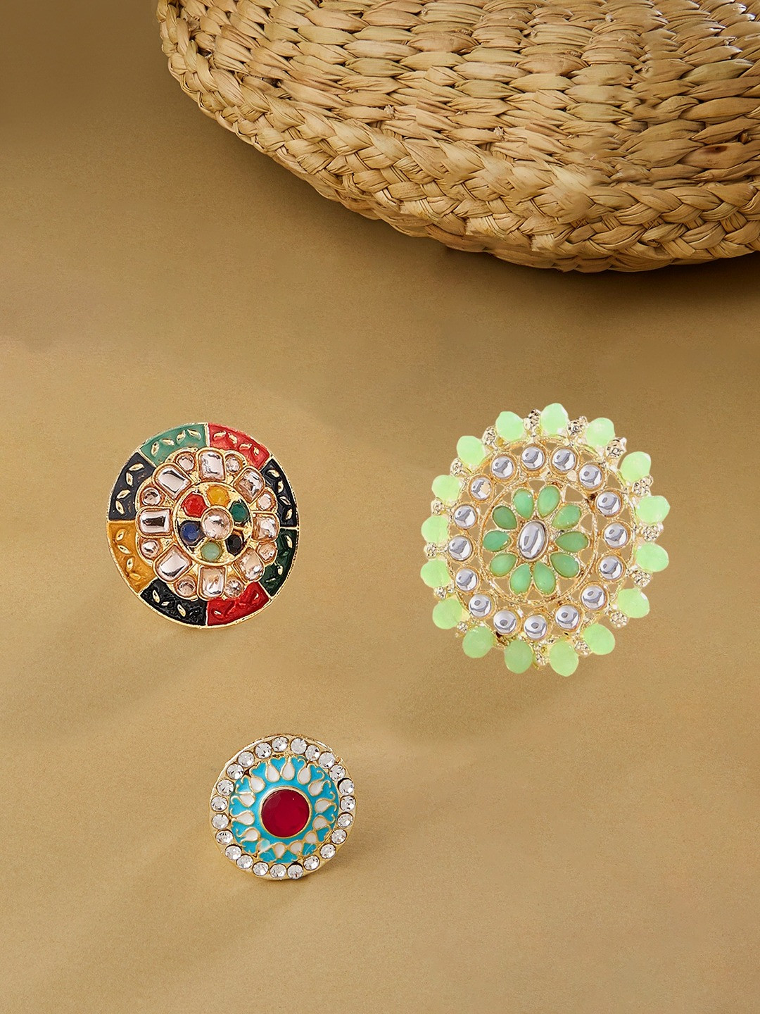 Zaveri Pearls Set Of 3 Gold-Plated White Stone-Studded & Beaded Finger Rings