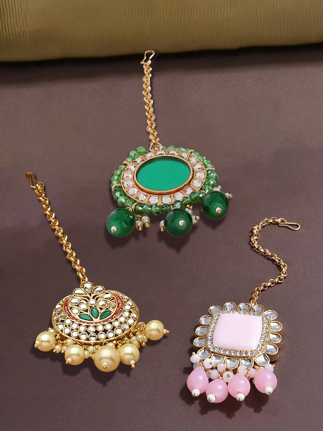 Zaveri Pearls Women Set of 3 Gold-Plated Pink & Green Kundan Studded Maang Tikka