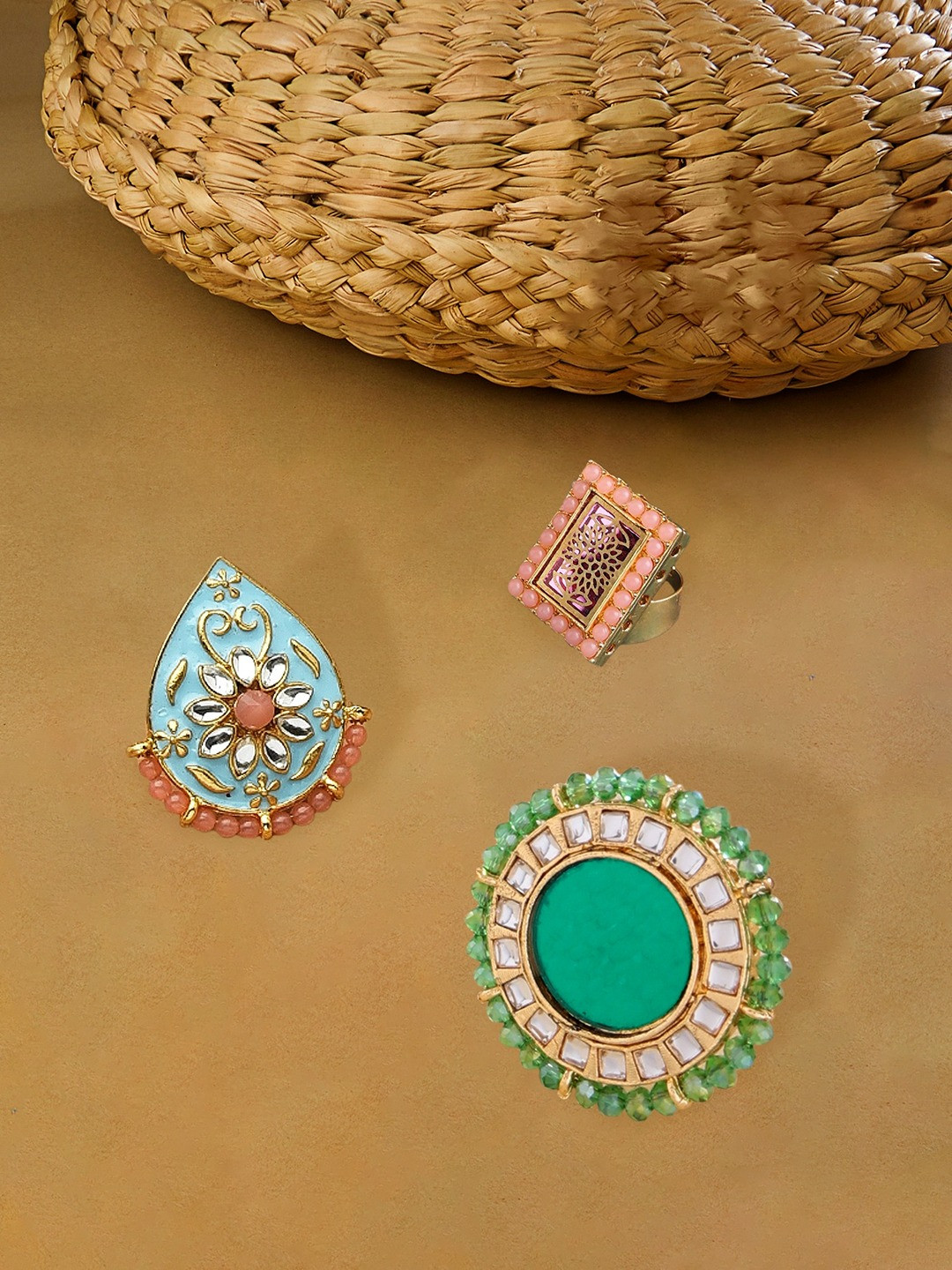 Zaveri Pearls Set Of 3 Gold-Plated White & Green Kundan Studded & Beaded Meenakari Finger Ring