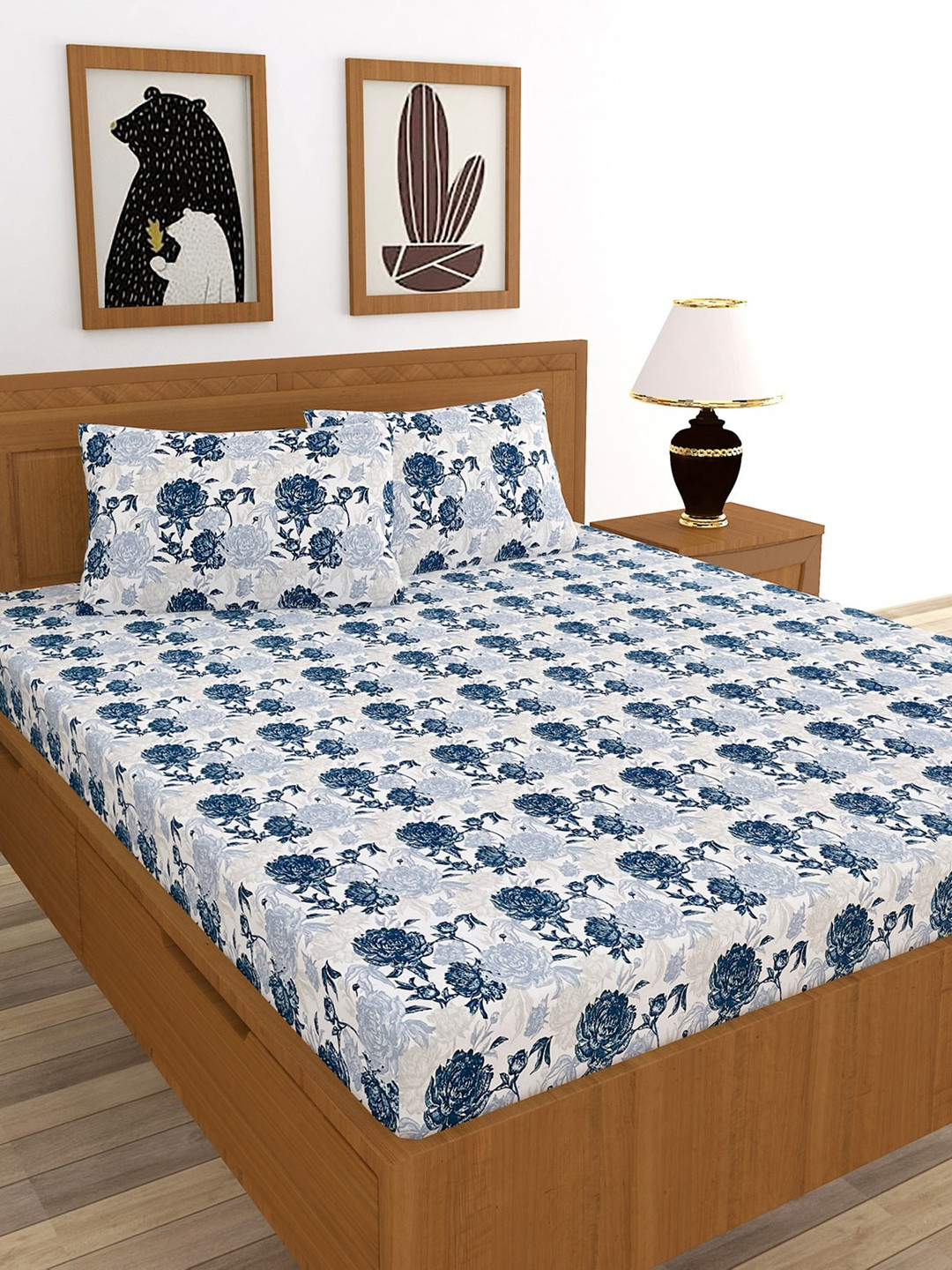 MORADO Casem Blue Floral Cotton 210 TC Fitted Queen Fine Bedsheet with 2 Pillow Covers-72 x 78 inches