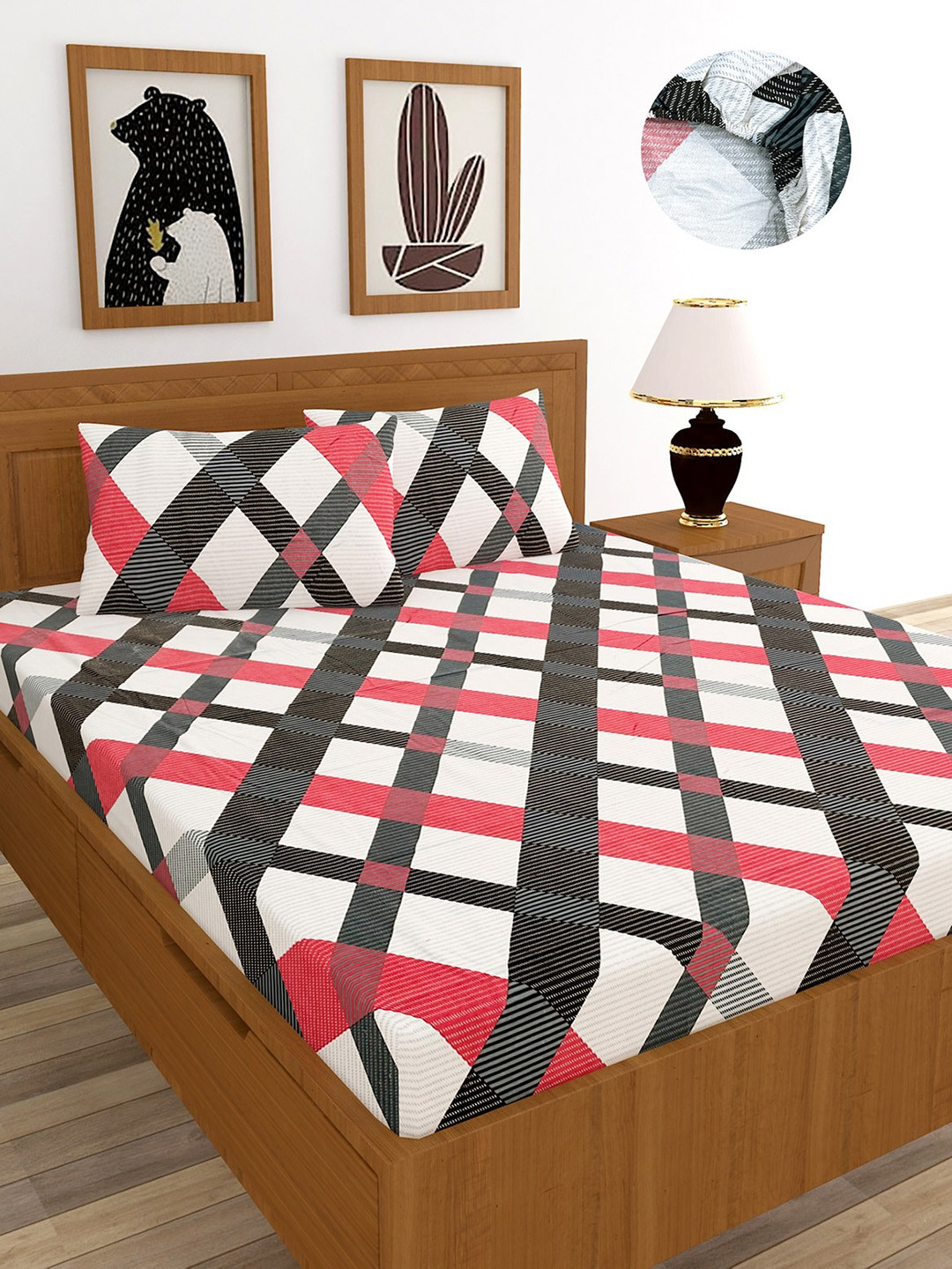 MORADO Casem Red Geometric Cotton 210 TC Fitted Queen Fine Bedsheet with 2 Pillow Covers-360 x 72 inches