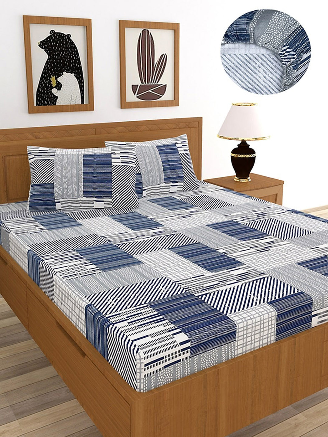 MORADO Casem Blue Abstract Cotton 210 TC Fitted Queen Fine Bedsheet with 2 Pillow Covers-198 x 182 cm