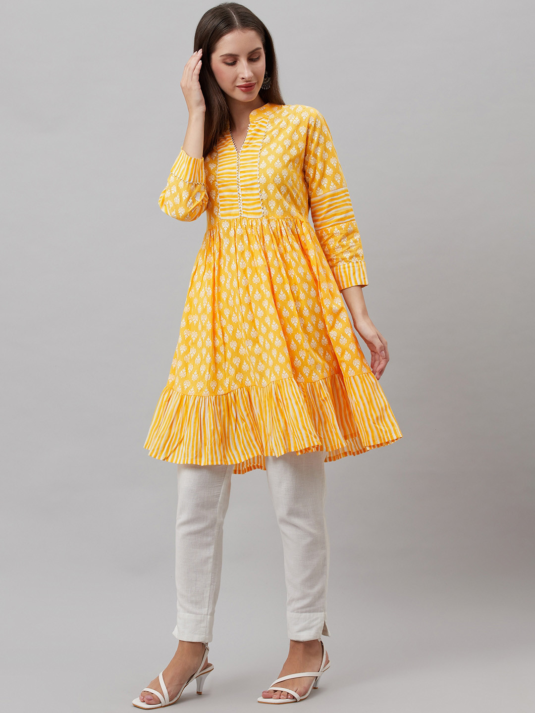 HIGHLIGHT FASHION EXPORT Yellow & White Ethnic Motifs Printed Gotta Patti Tiered Kurti