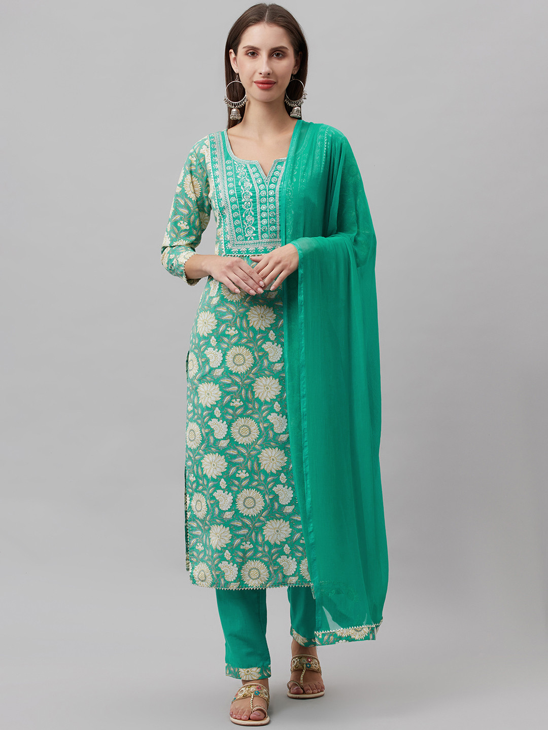 HIGHLIGHT FASHION EXPORT Women Blue Floral Printed Pure Cotton Kurta with Trousers & With Dupatta