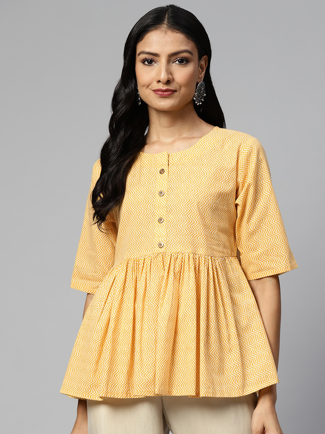 HIGHLIGHT FASHION EXPORT Yellow Floral Print Empire Top