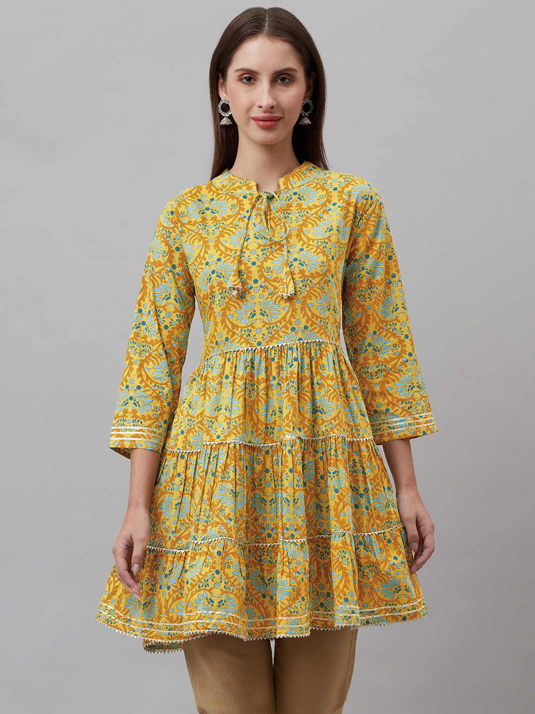 HIGHLIGHT FASHION EXPORT Mustard Yellow & Blue Floral Printed Gotta Patti Tiered Kurti