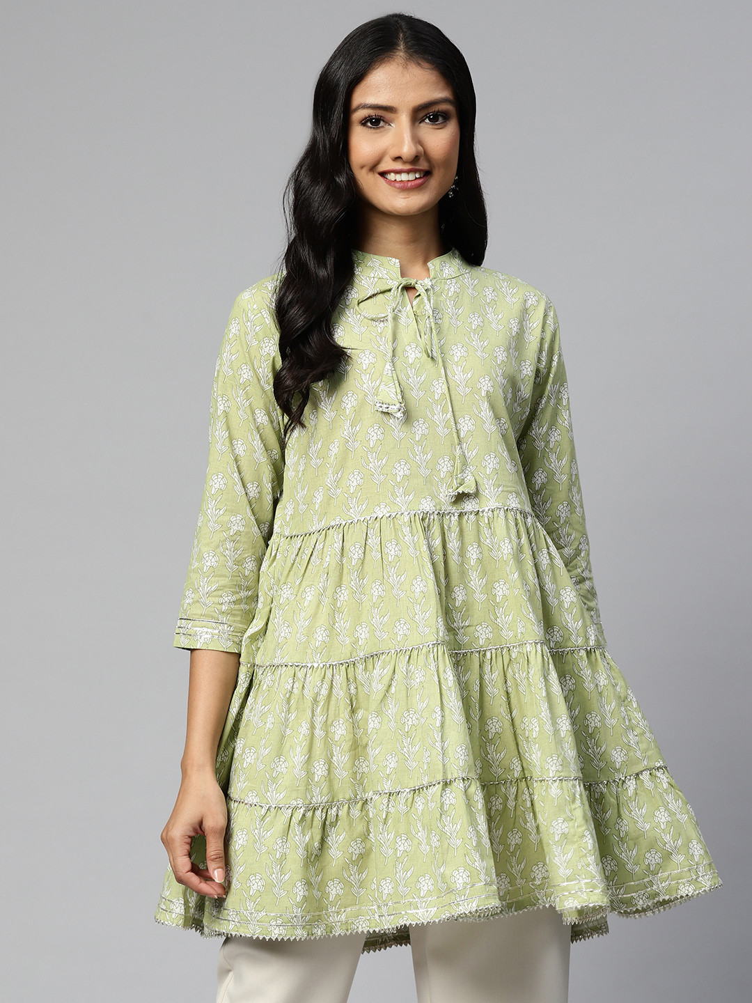 HIGHLIGHT FASHION EXPORT Green Floral Embellished Empire Top