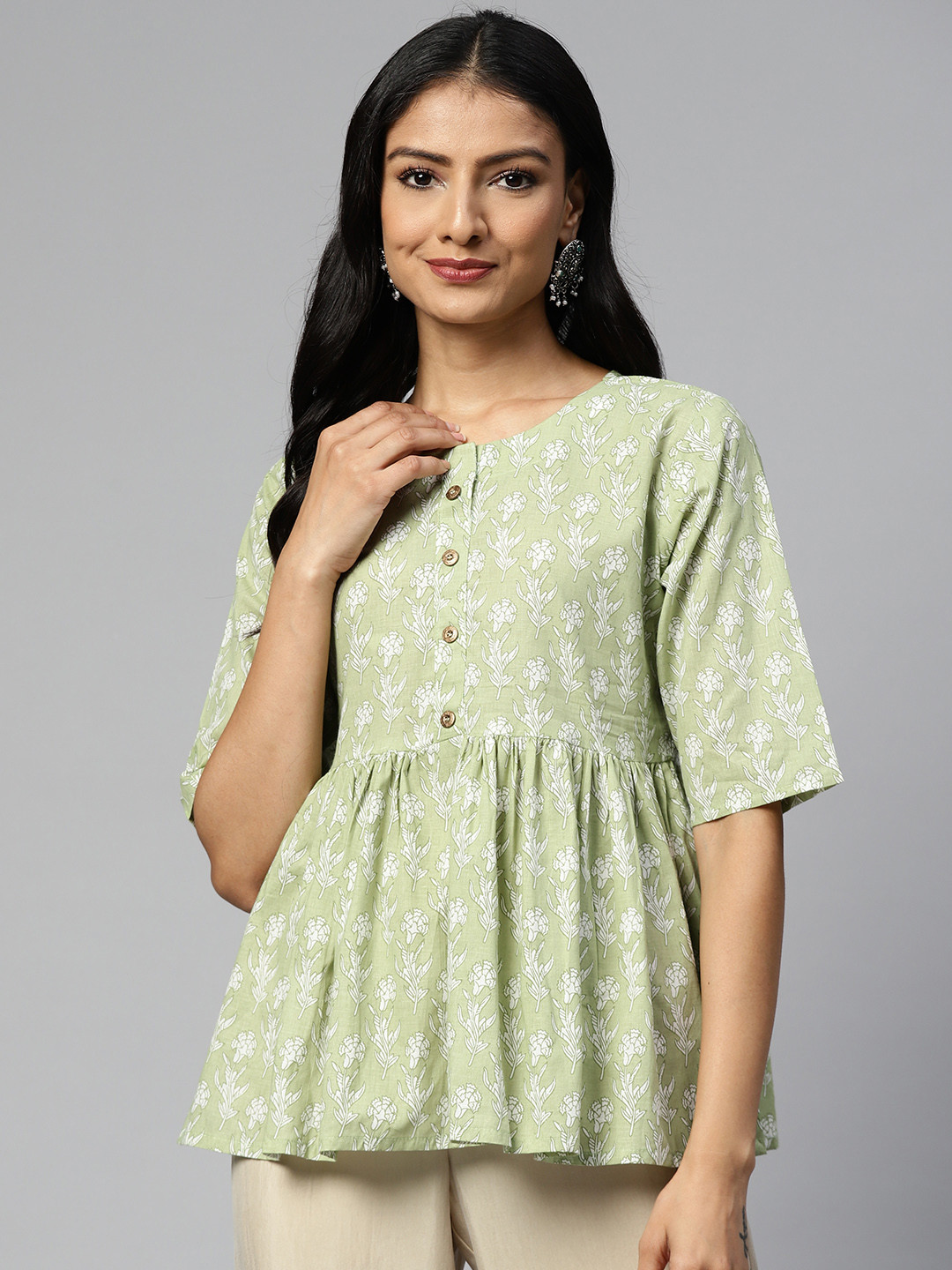 HIGHLIGHT FASHION EXPORT Green Floral Print Empire Top