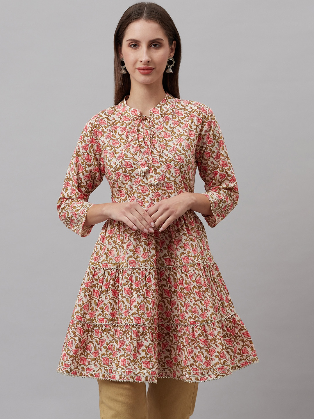 HIGHLIGHT FASHION EXPORT Beige & White Floral Printed Gotta Patti Gotta Patti Tiered Kurti