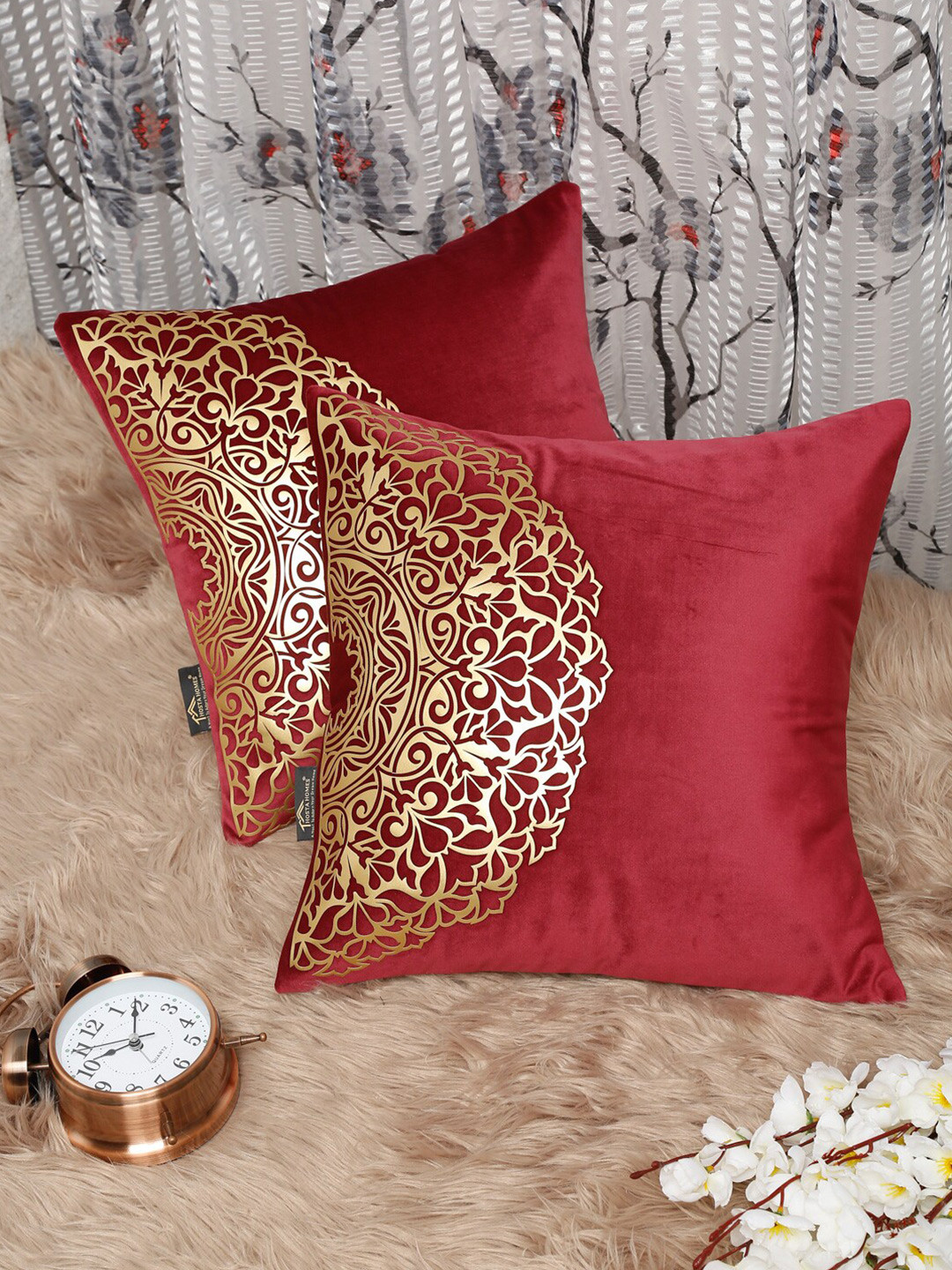 HOSTA HOMES Red Ethnic Motifs Velvet Durable 2 Pcs Square Cushion Covers - 16 x 16 Inches