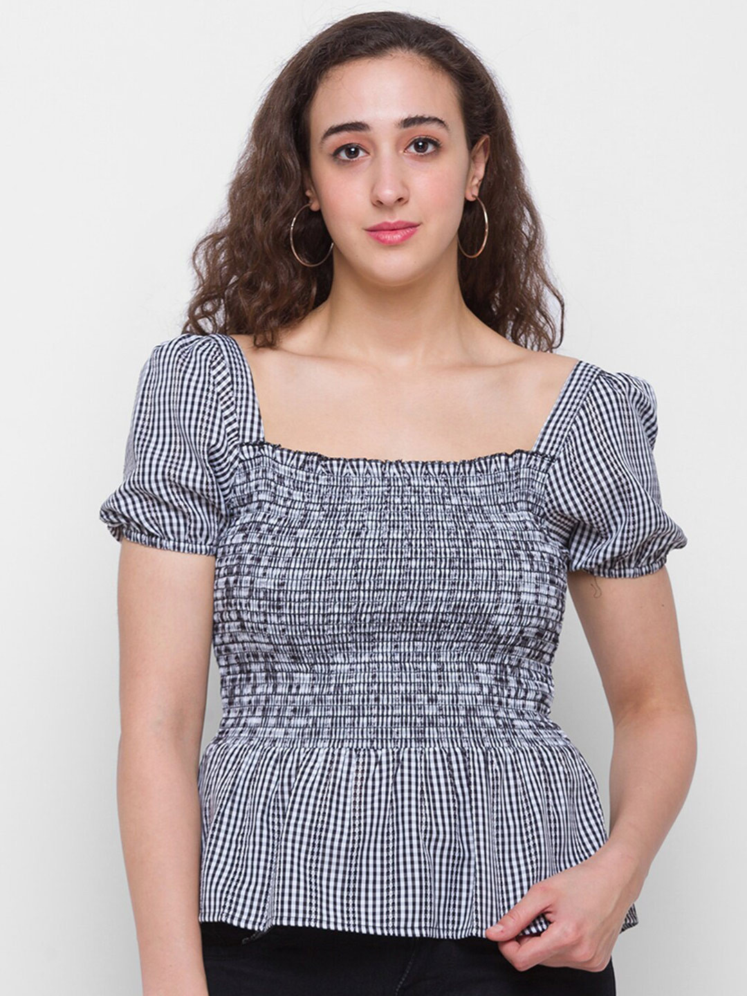 Globus Women Black & White Checked Pure Cotton Top