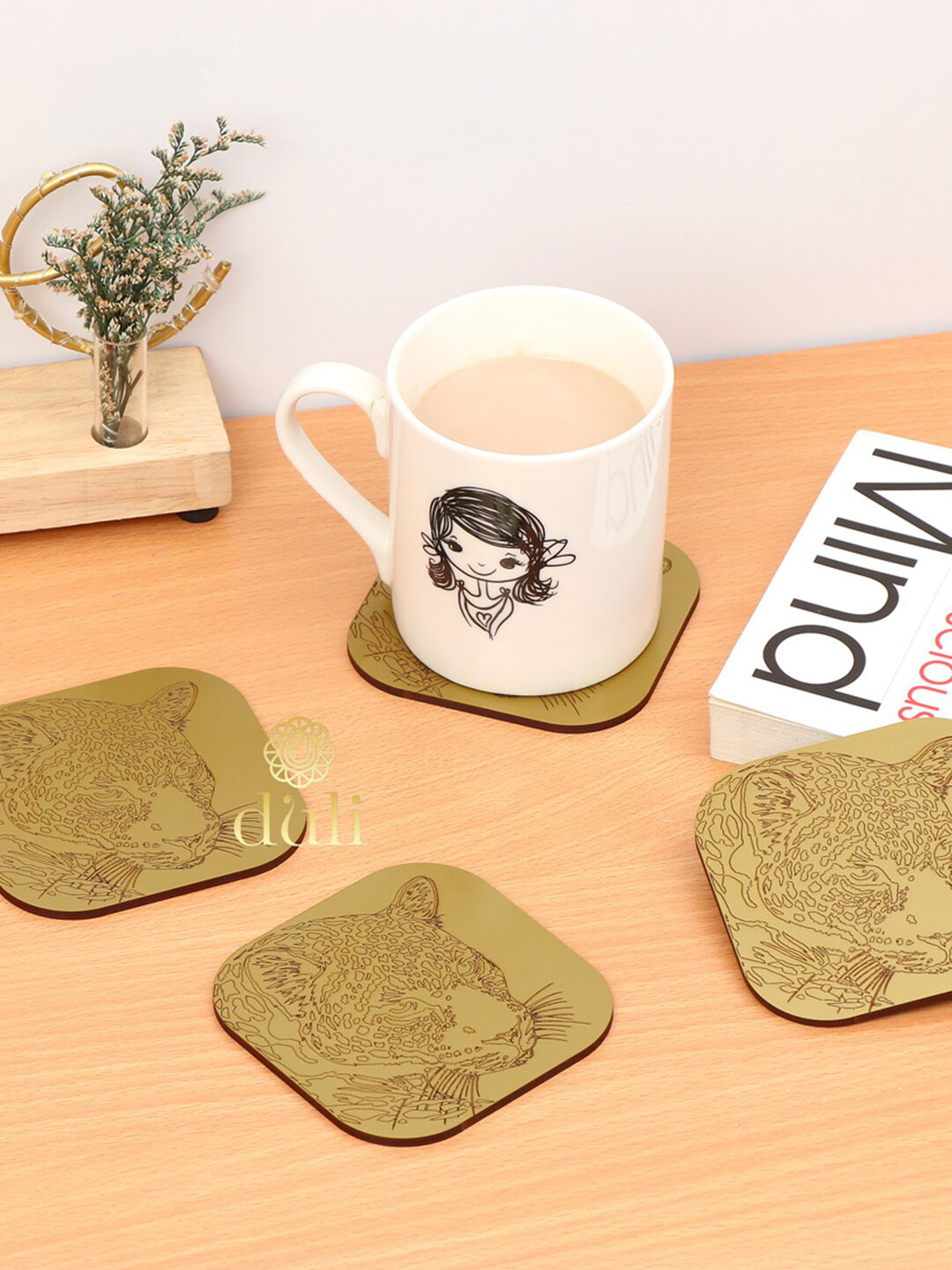 DULI Gold Set Of 4 Leopard Printed Coasters