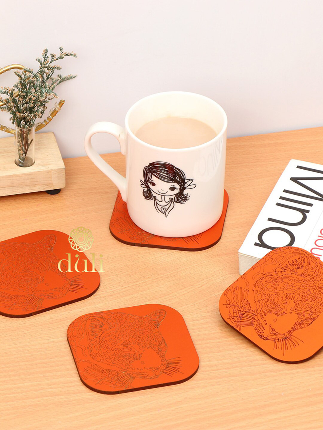 DULI Orange Set Of 4 Leopard Printed Coasters