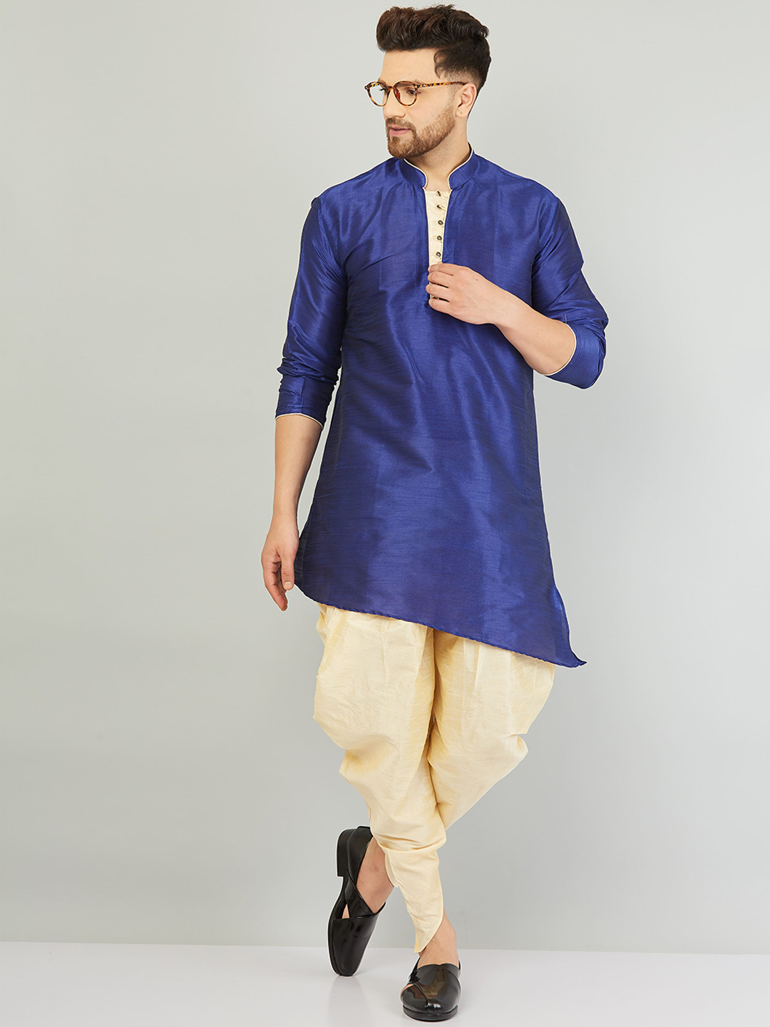Armaan Ethnic Men Navy Blue Dupion Silk Kurta with Dhoti Pants