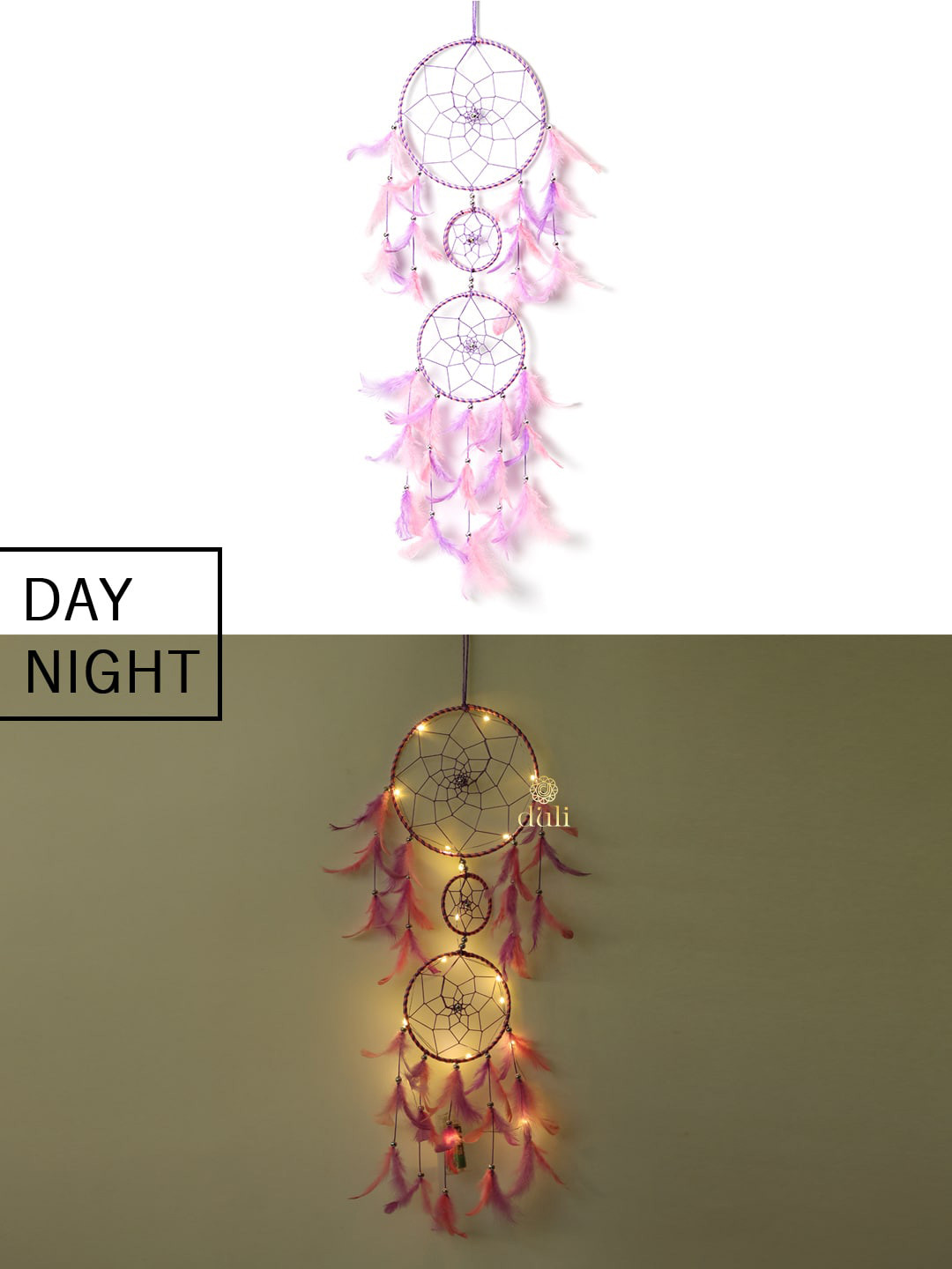 DULI Pink & Purple Hanging Dream Catcher With 3 Rings & Lights