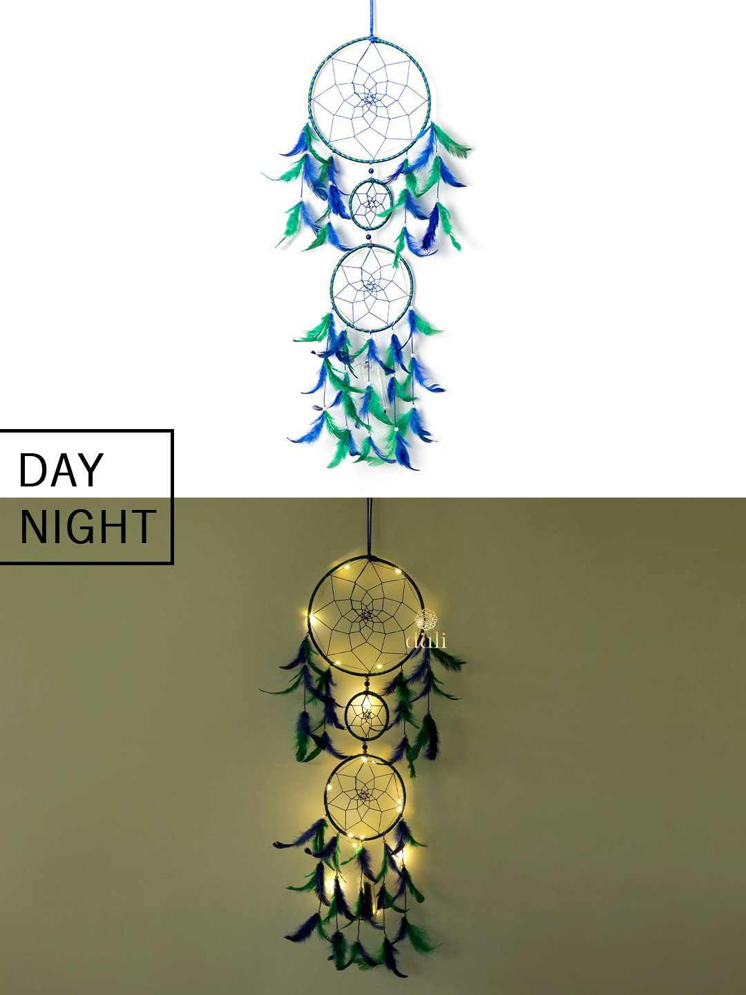 DULI Blue & Green Hanging Dream Catcher With 3 Rings & Lights