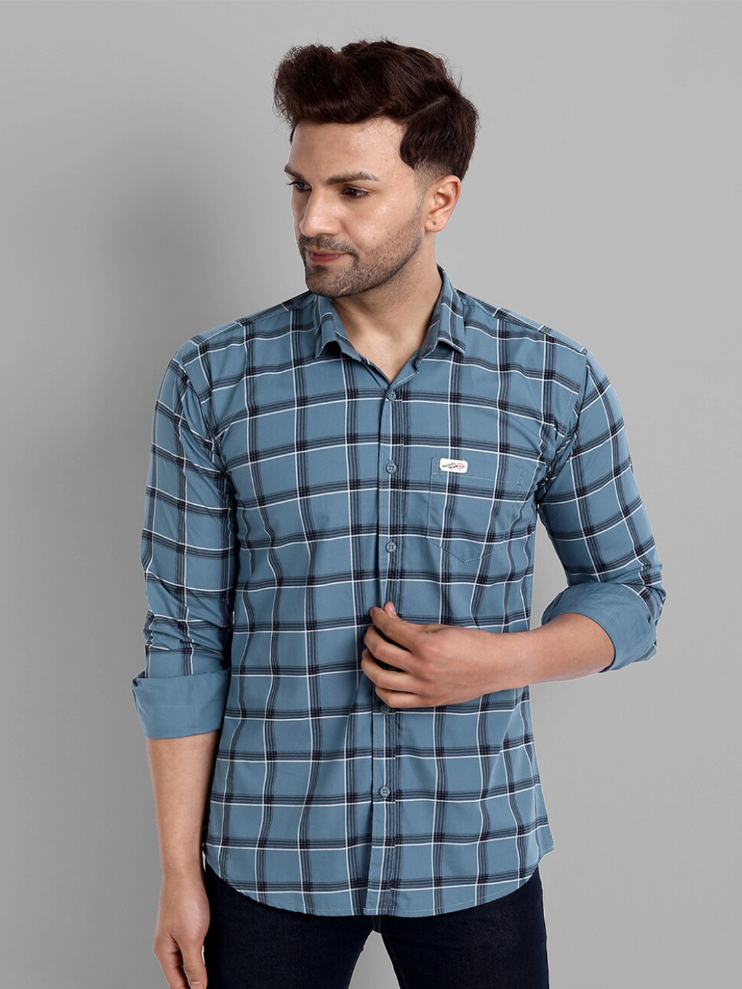 Majestic Man Men Grey Slim Fit Windowpane Checks Checked 100% Cotton Casual Shirt