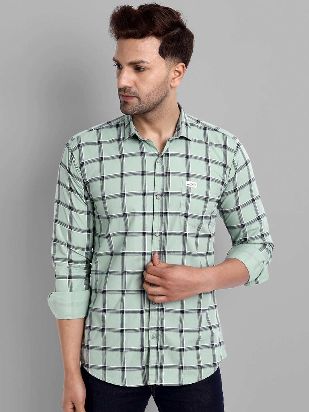 Majestic Man Men Green Slim Fit Windowpane Checks Checked 100% Cotton Casual Shirt