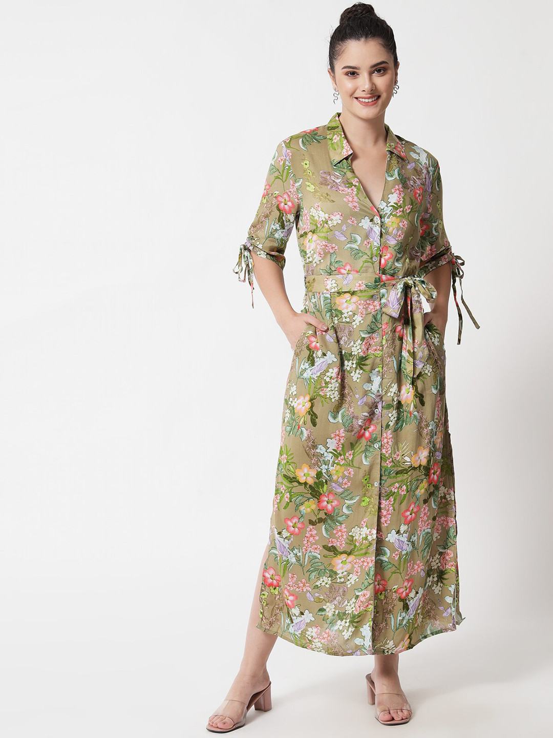 MAXENCE Women Green & Pink Floral Printed Georgette Shirt Maxi Dress