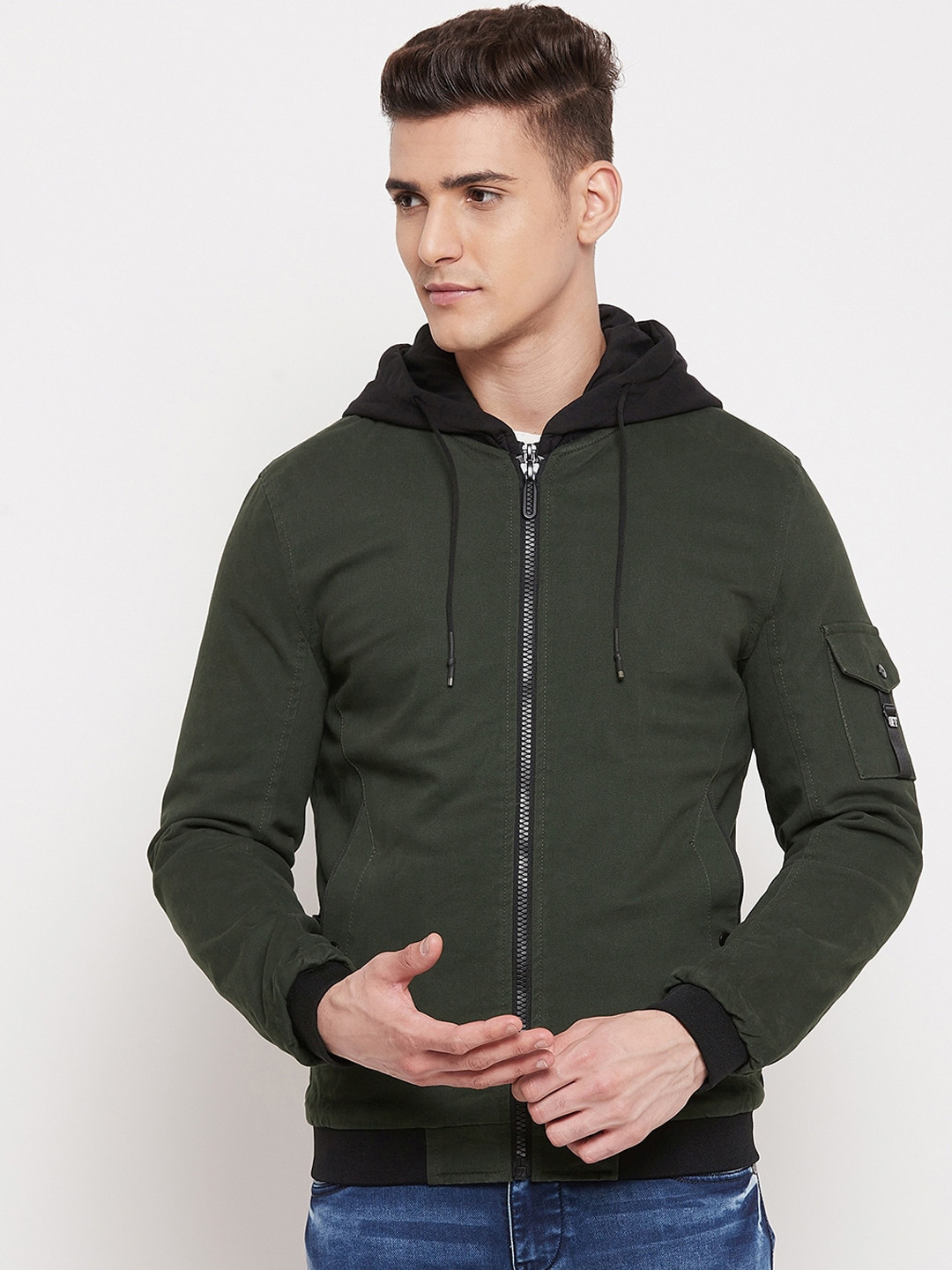 Camey Men Green Solid Lightweight Polyester Hooded Bomber Jacket