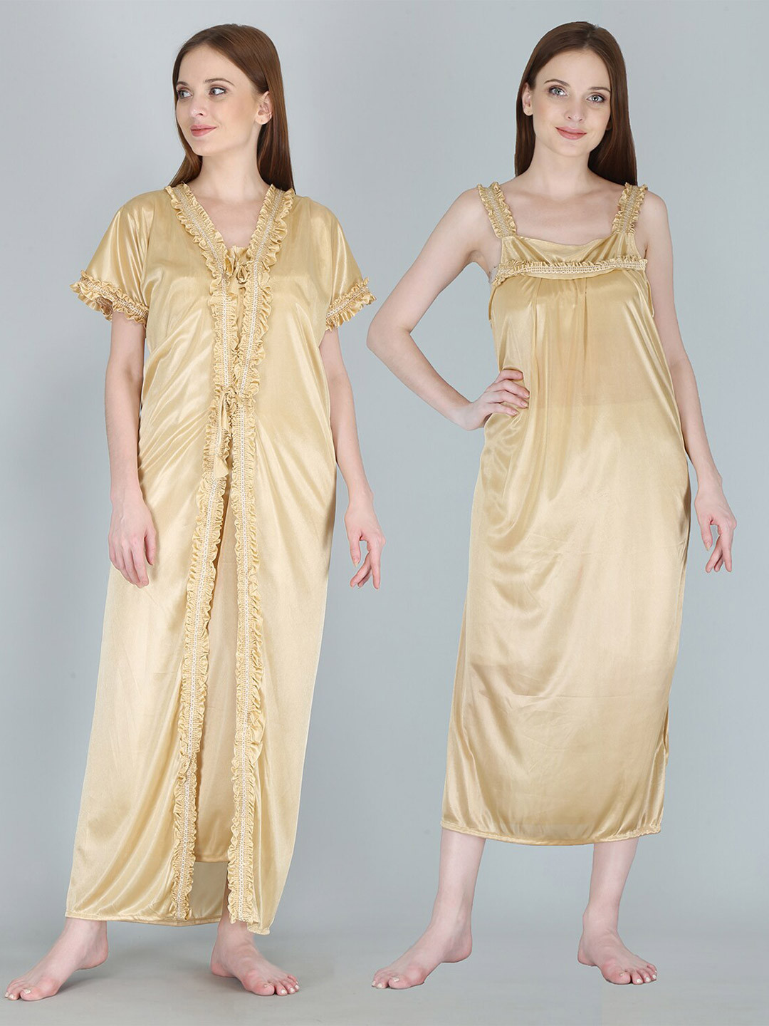 Be You Cream-Coloured Solid Satin Maxi Nightdress