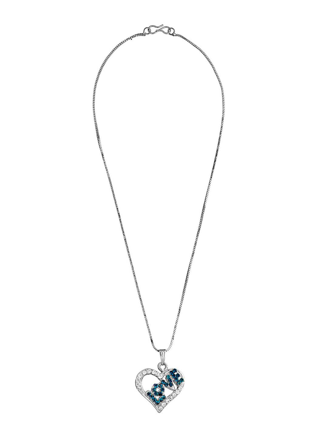 Shining Jewel - By Shivansh Silver-Plated & Blue CZ-Studded Heart Shaped Inscribed Pendant With Chain