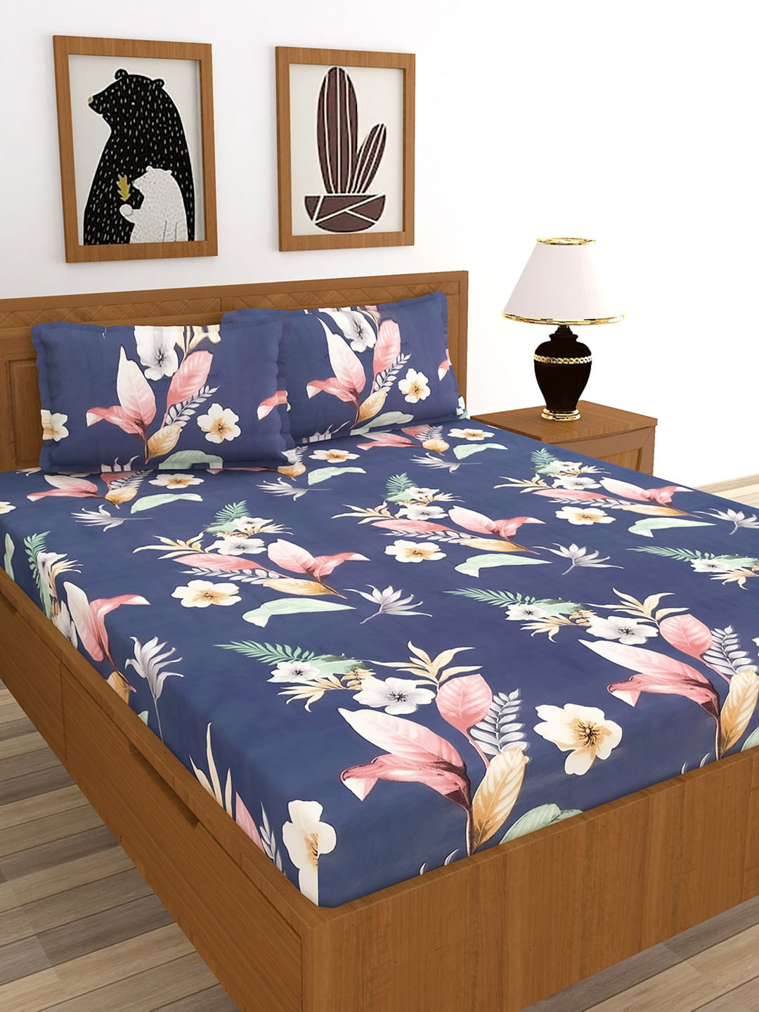 MORADO Blue & White Geometric 180 TC King Fitted Bedsheet with 2 Pillow Covers