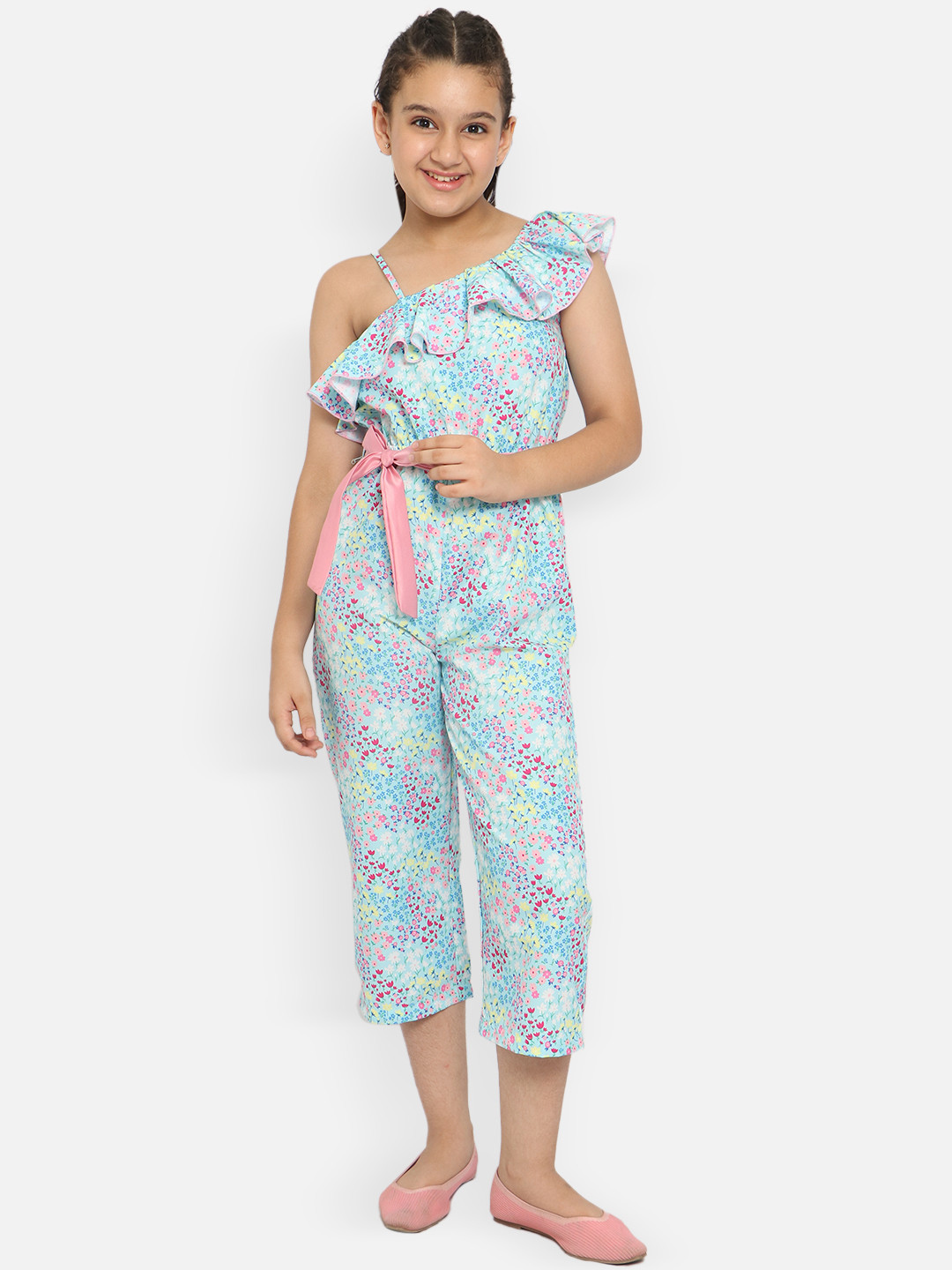 Natilene Girls Blue & Pink Printed Belted Basic Jumpsuit