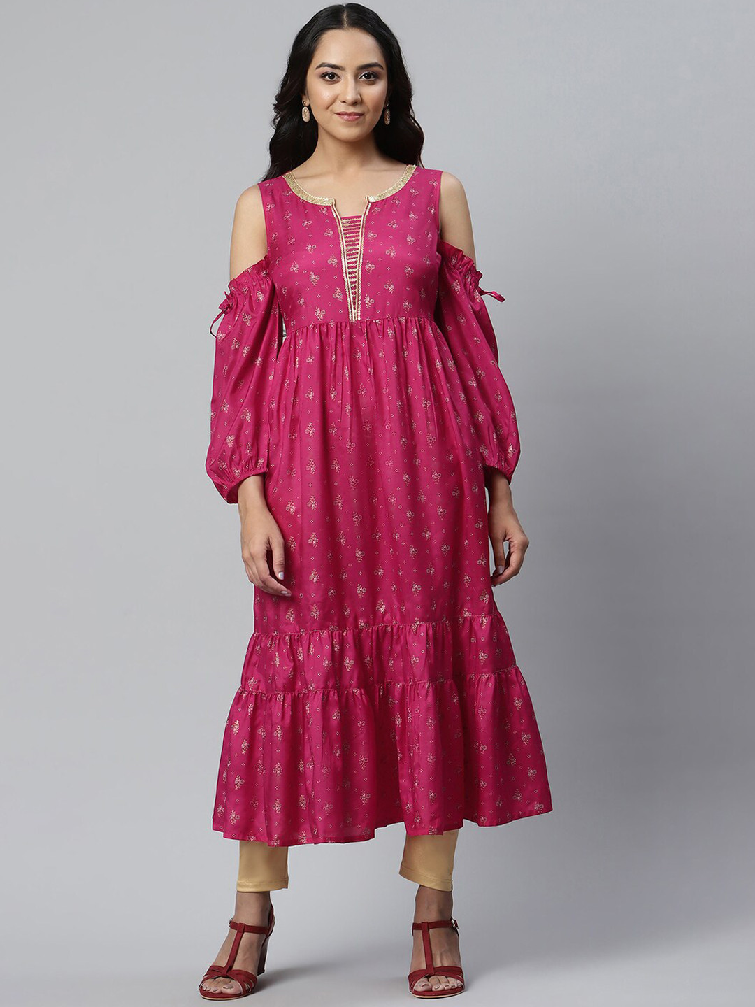 AURELIA Women Printed Cold-Shoulder Sleeves Floral Handloom Anarkali Kurta