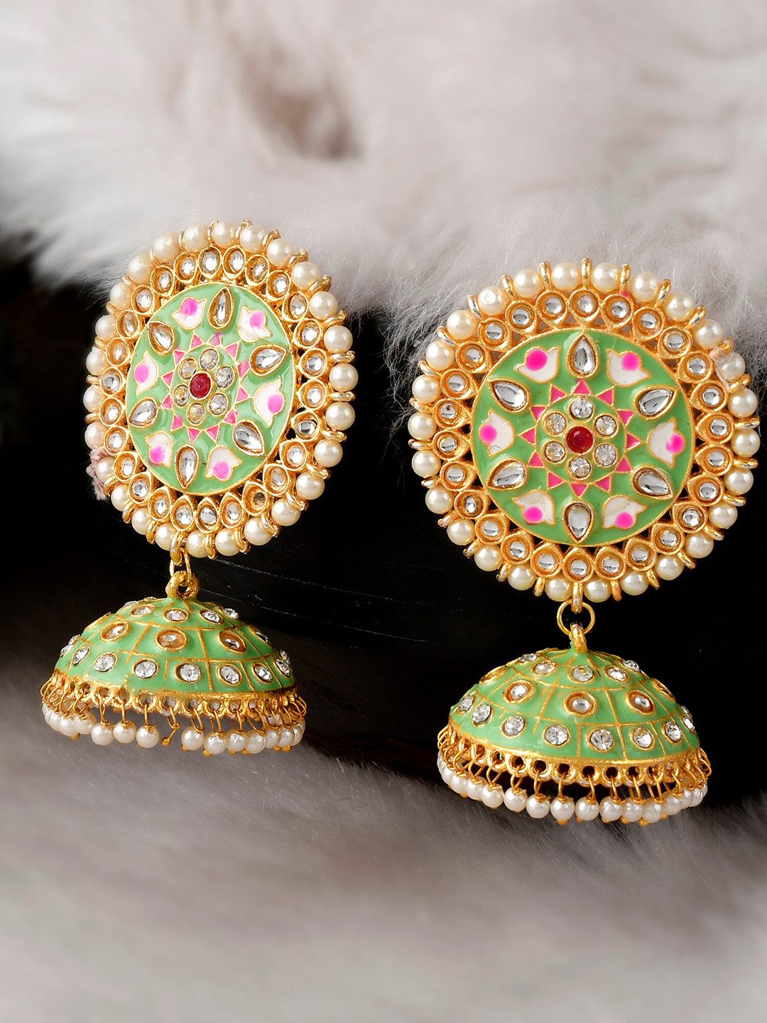 DASTOOR Green & Gold Plated Contemporary Jhumkas Earrings